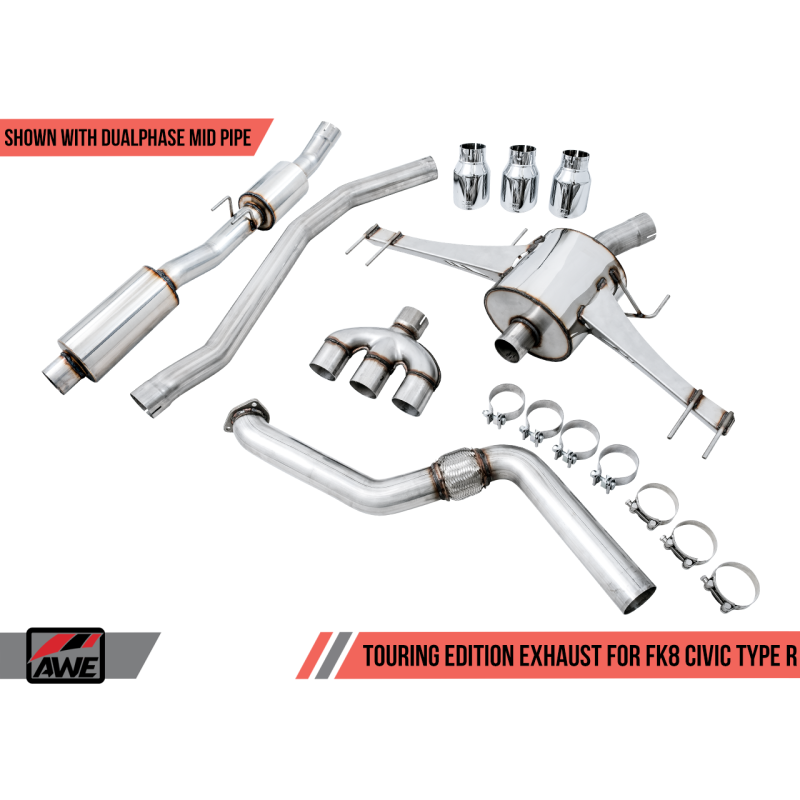 AWE Tuning 2017+ Honda Civic Type R Touring Edition Exhaust w/Front & Mid Pipes - Chrome Silver Tips