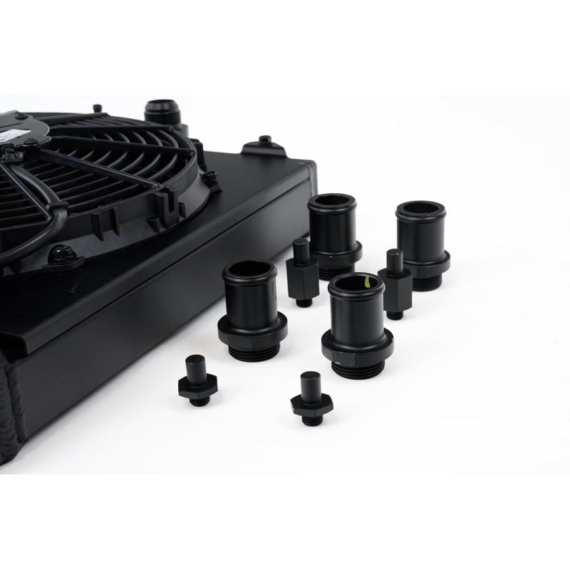 CSF Universal Half Radiator w/-16AN & Slip-On Fittings/12in SPAL Fan & Shroud - Black Finish - T1 Motorsports
