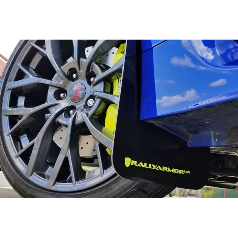 Rally Armor 15-21 Subaru WRX/STI (Sedan ONLY) Black UR Mud Flap w/ Green Logo - T1 Motorsports