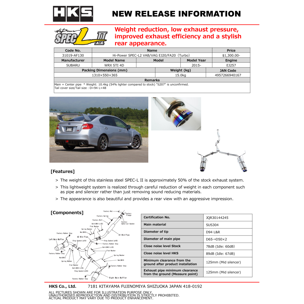 HKS Hi-Power Exhaust SPEC-L2 - Subaru WRX