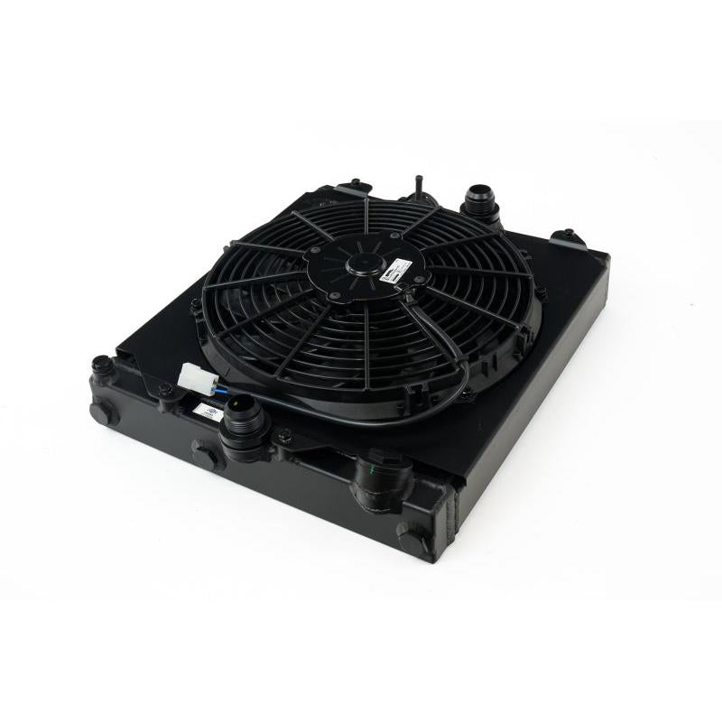 CSF Universal Half Radiator w/-16AN & Slip-On Fittings/12in SPAL Fan & Shroud - Black Finish - T1 Motorsports