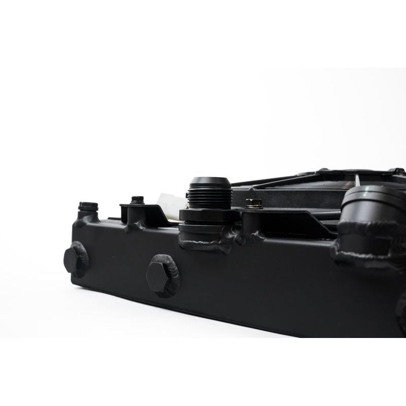 CSF Universal Half Radiator w/-16AN & Slip-On Fittings/12in SPAL Fan & Shroud - Black Finish - T1 Motorsports