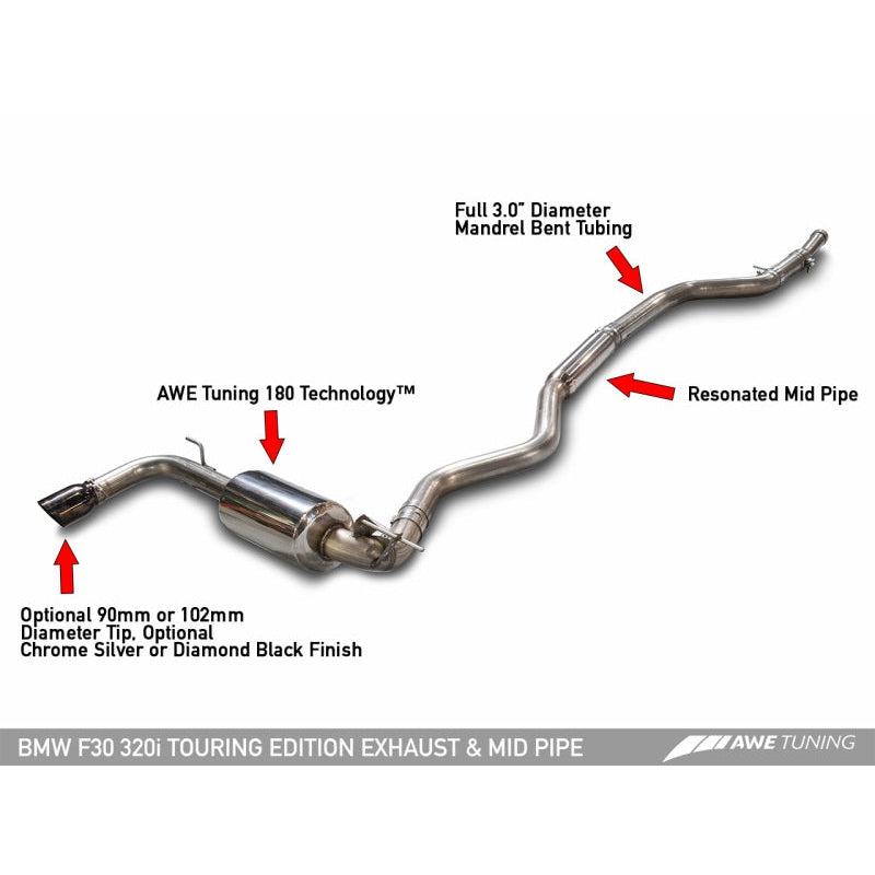 AWE Tuning 13-18 BMW 320i (F30) Touring Edition Exhaust w/ Perfomance Mid Pipe - Diamond Black Tips
