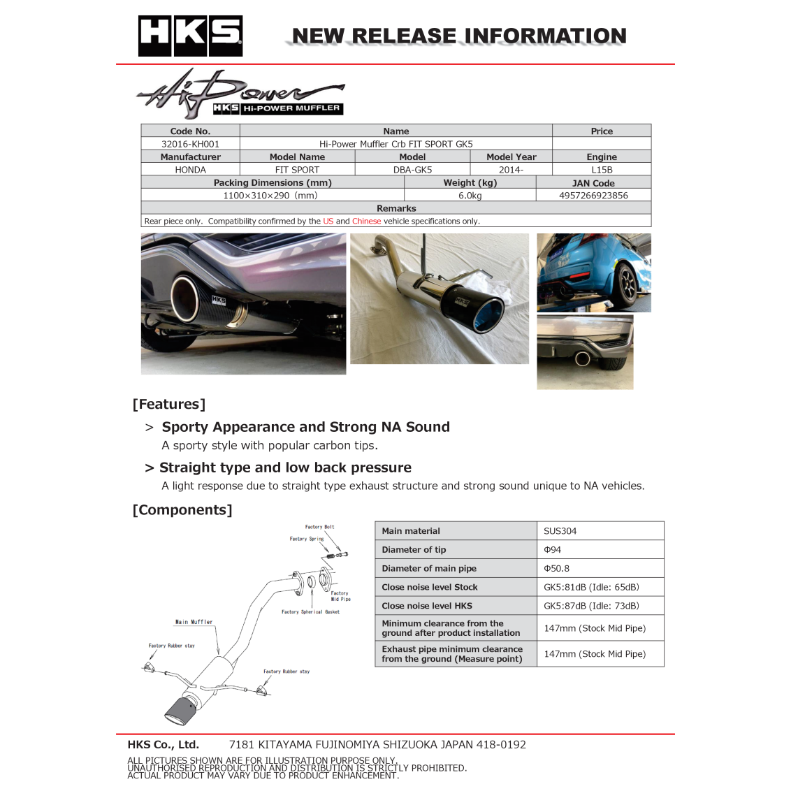 HKS Hi-Power Muffler w/ Carbon Tips - 2014+ Honda Fit