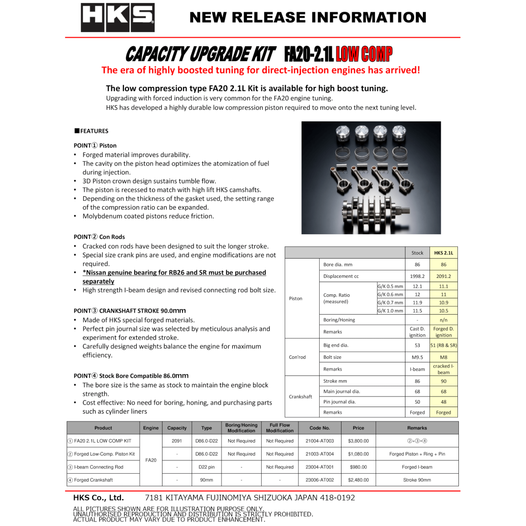 HKS PISTON KIT FA20 2.1L LOW COMP