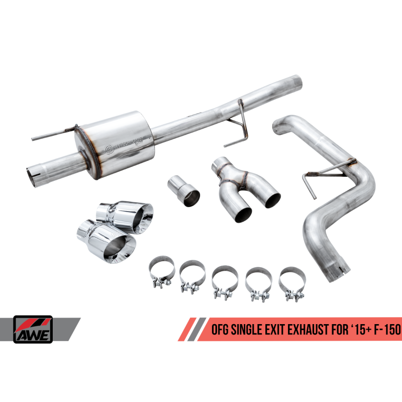 AWE Tuning 2015+ Ford F-150 0FG Single Exit Performance Exhaust System w/4.5in Chrome Silver Tips