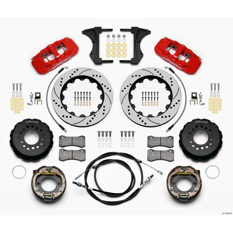 Wilwood AERO4 Rear Kit 14.00 Drilled Red 2005-2014 Mustang w/ BMR Suspn. w/Lines - T1 Motorsports