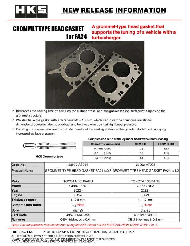 HKS Subaru FA20 0.8mm Thickness 11.8 CR Grommet Type Head Gasket