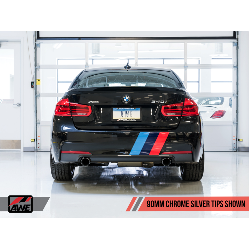 AWE Tuning BMW F3X 340i Touring Edition Axle-Back Exhaust - Chrome Silver Tips (90mm)