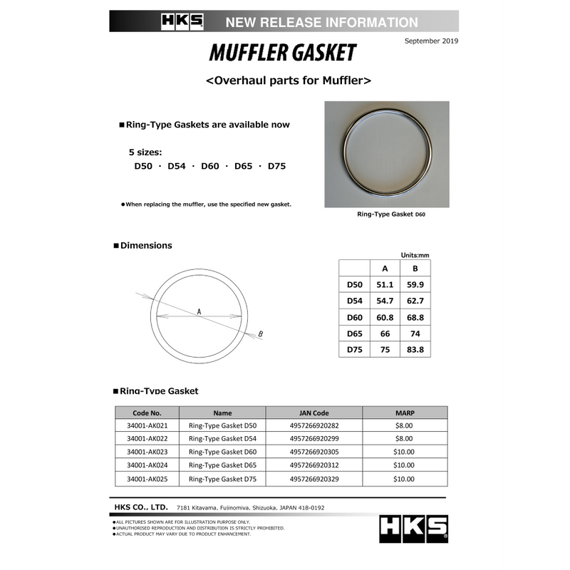 HKS Muffler Gasket 54.7mm ID 62.7mm OD
