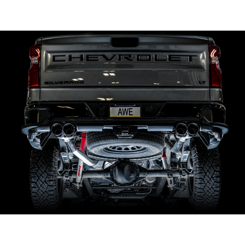 AWE Tuning 4th Gen GM 1500 6.2L 0FG Catback Split Rear Exit (w/ Bumper Cutouts) - Quad Chrome Tips