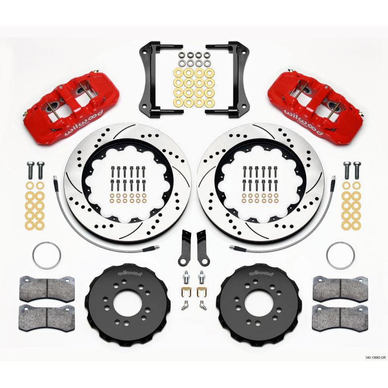Wilwood AERO6 Front Hat Kit 14.00 Drilled Red 2005-2014 Mustang w/ BMR Suspn. w/Lines - T1 Motorsports