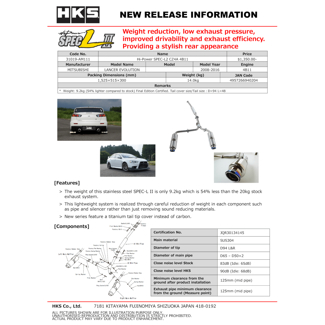 HKS Hi-Power Exhaust SPEC-L2 - Mitsubishi Evolution X