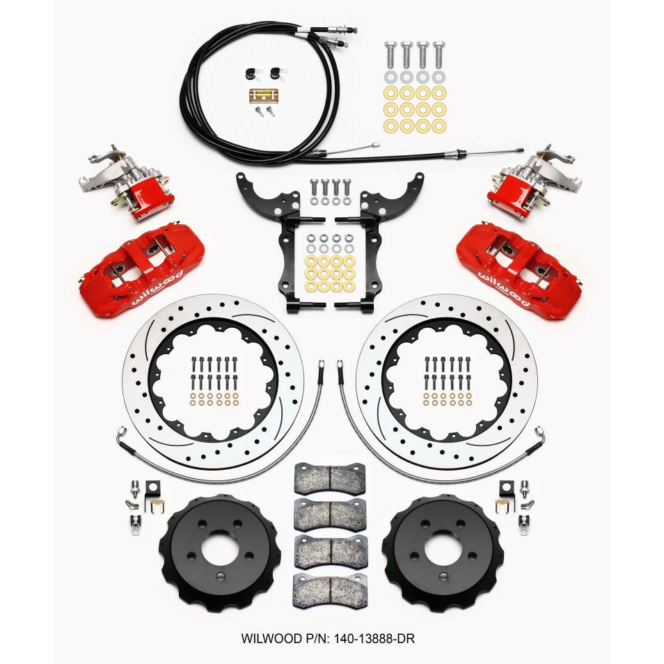 Wilwood AERO4 / MC4 Rear Kit 14.00 Drilled Red 2015-Up Mustang w/Lines & Cables - T1 Motorsports