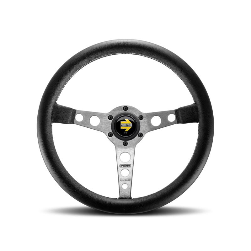 Momo Prototipo Steering Wheel 350 mm - Black Leather/Wht Stitch/Brshd Spokes