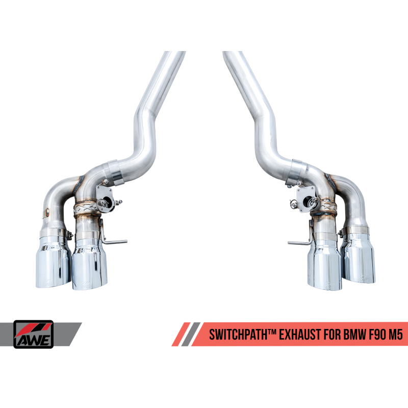 AWE Tuning 18-19 BMW M5 (F90) 4.4T AWD SwitchPath Cat-back Exhaust - Chrome Silver Tips - T1 Motorsports