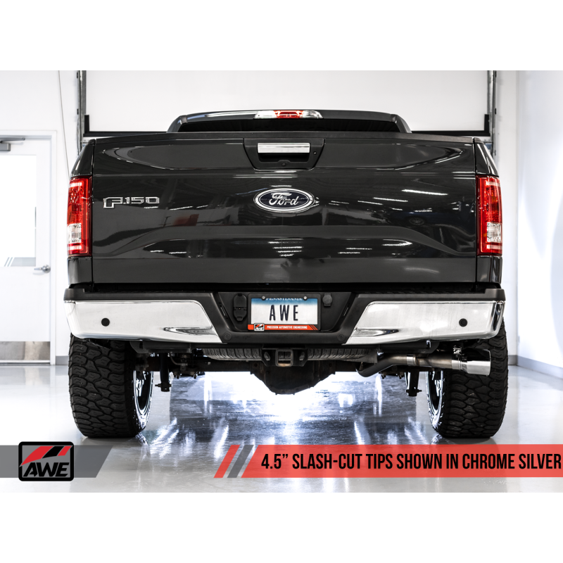 AWE Tuning 2015+ Ford F-150 0FG Single Exit Performance Exhaust System w/4.5in Chrome Silver Tips