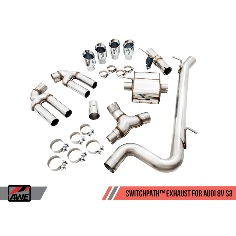 AWE Tuning Audi 8V S3 SwitchPath Exhaust w/Chrome Silver Tips 102mm - T1 Motorsports