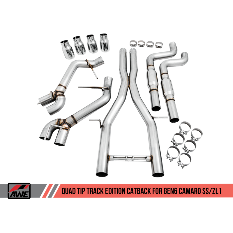 AWE Tuning 16-19 Chevy Camaro SS Resonated Cat-Back Exhaust -Track Edition (Quad Chrome Silver Tips)