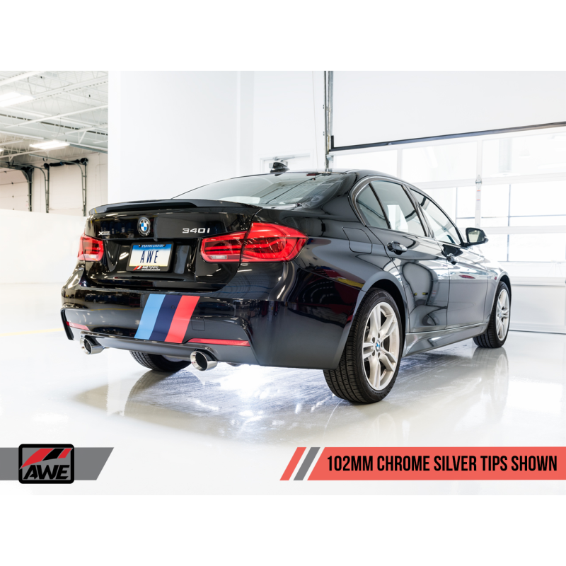 AWE Tuning BMW F3X 340i Touring Edition Axle-Back Exhaust - Chrome Silver Tips (102mm)